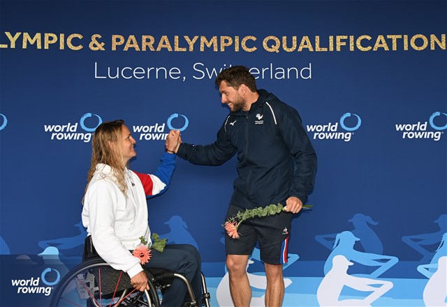 Benjamin Daviet (b), Perle Bouge (s), PR2 Mixed Double Sculls, France, Gol, 2024 World Rowing Final Olympic & Paralympic Qualification Regatta, Lucerne, Switzerland © Maren Derlien / MyRowingPhoto.com