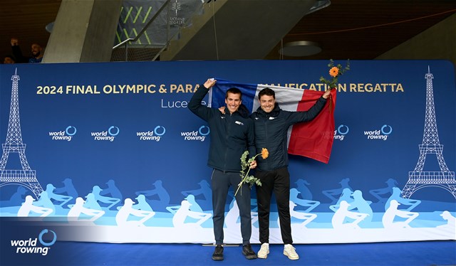 Hugo Beurey (b), Ferdinand Ludwig (s), Lightweight Men's Double Sculls, France, Gold, 2024 World Rowing Final Olympic & Paralympic Qualification Regatta, Lucerne, Switzerland © Maren Derlien / MyRowingPhoto.com