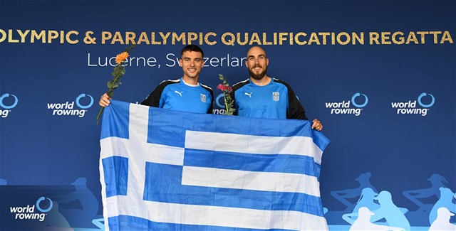 Antonios Papakonstantinou (b), Petros Gkaidatzis (s), Lightweight Men's Double Sculls, Greece, Silver, 2024 World Rowing Final Olympic & Paralympic Qualification Regatta, Lucerne, Switzerland © Maren Derlien / MyRowingPhoto.com
