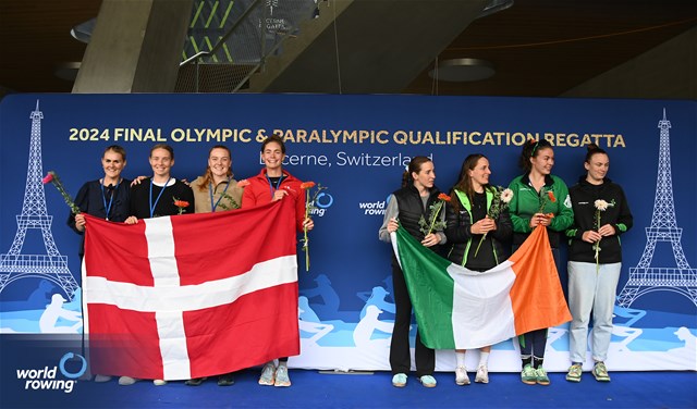 Imogen Magner (b), Natalie Long, Eimear Lambe, Emily Hegarty (s), Women's Four, Ireland, Gold, Astrid Steensberg (b), Frida Sanggaard Nielsen, Marie Skytte Hauberg Johannesen, Julie Poulsen (s), Denmark, Silver, 2024 World Rowing Final Olympic & Paralympic Qualification Regatta, Lucerne, Switzerland © Maren Derlien / MyRowingPhoto.com