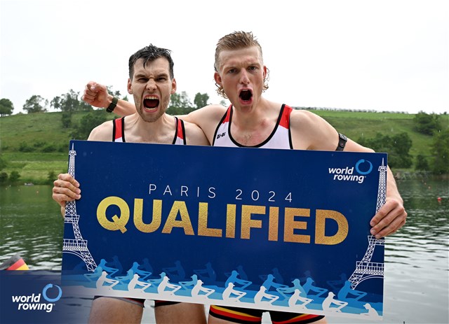 Julius Christ (b), Soenke Kruse (s), Men's Pair, Germany, Gold, 2024 World Rowing Final Olympic & Paralympic Qualification Regatta, Lucerne, Switzerland © Detlev Seyb / MyRowingPhoto.com