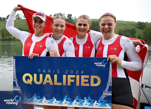 Astrid Steensberg (b), Frida Sanggaard Nielsen, Marie Skytte Hauberg Johannesen, Julie Poulsen (s), Women's Four, Denmark, Silver, 2024 World Rowing Final Olympic & Paralympic Qualification Regatta, Lucerne, Switzerland © Detlev Seyb / MyRowingPhoto.com