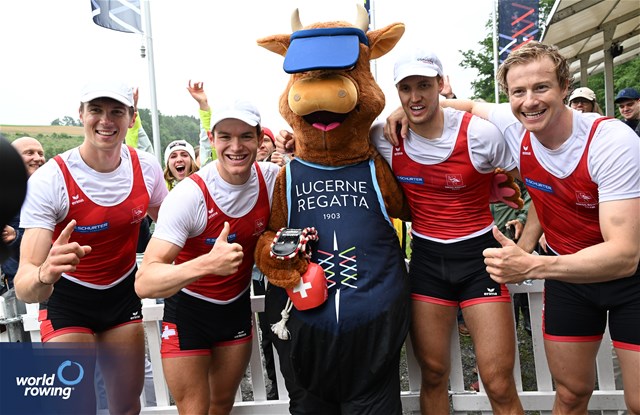 Joel Schuerch (b), Tim Roth, Patrick Brunner, Kai Schaetzle (s), Men's Four, Switzerland, Silver, 2024 World Rowing Final Olympic & Paralympic Qualification Regatta, Lucerne, Switzerland © Detlev Seyb / MyRowingPhoto.com