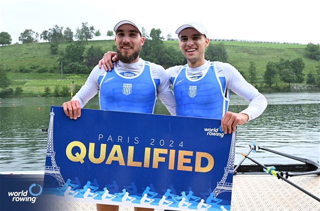 Antonios Papakonstantinou (b), Petros Gkaidatzis (s), Lightweight Men's Double Sculls, Greece, Silver, 2024 World Rowing Final Olympic & Paralympic Qualification Regatta, Lucerne, Switzerland © Detlev Seyb / MyRowingPhoto.com
