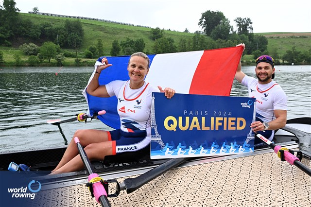 Benjamin Daviet (b), Perle Bouge (s), PR2 Mixed Double Sculls, France, Gold, 2024 World Rowing Final Olympic & Paralympic Qualification Regatta, Lucerne, Switzerland © Detlev Seyb / MyRowingPhoto.com