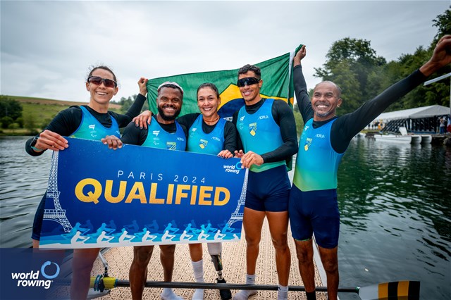 Priscila Barreto De Souza (b), Gabriel Mendes De Souza, Erik Da Silva Lima, Alina Dumas (s), Jucelino Da Silva (c), PR3 Mixed Coxed Four , Brazil, Silver, 2024 World Rowing Final Olympic & Paralympic Qualification Regatta, Lucerne, Switzerland © World Rowing / Benedict Tufnell