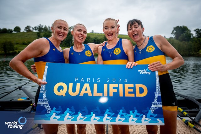 Nataliia Dovgodko (b), Kateryna Dudchenko, Daryna Verkhogliad, Anastasiia Kozhenkova (s), Women's Quadruple Sculls, Ukraine, Silver, 2024 World Rowing Final Olympic & Paralympic Qualification Regatta, Lucerne, Switzerland © World Rowing / Benedict Tufnell