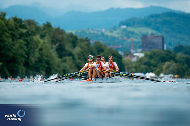 Guus Mollee (b), Nelson Ritsema, Eli Brouwer, Rik Rienks (s), Men's Four, Netherlands, 2024 World Rowing Cup II, Lucerne, Switzerland © World Rowing / Benedict Tufnell