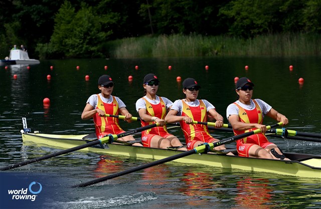 Shuxian Zhang (b), Xiaoxin Liu, Zifeng Wang, Xingye Xu (s), Women's Four, People's Republic of China, 2024 World Rowing Cup II, Lucerne, Switzerland © Maren Derlien / MyRowingPhoto.com