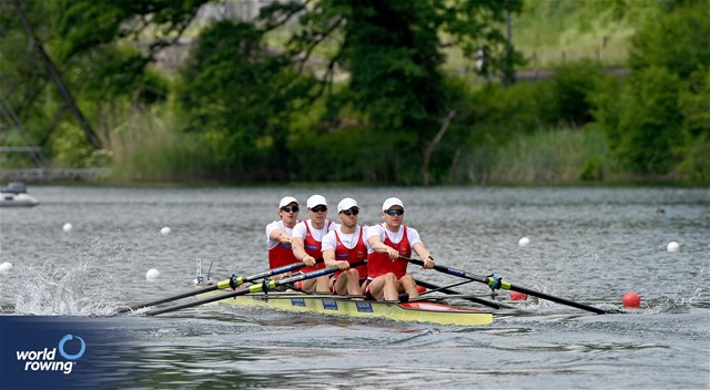 Joel Schuerch (b), Tim Roth, Patrick Brunner, Kai Schaetzle (s), Men's Four, Switzerland, 2024 World Rowing Cup II, Lucerne, Switzerland © Maren Derlien / MyRowingPhoto.com