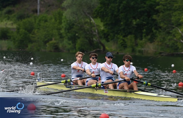 Florian Ludwig (b), Alistair Gicqueau, Nikola Kolarevic, Armand Pfister (s), Men's Four, France, 2024 World Rowing Cup II, Lucerne, Switzerland © Maren Derlien / MyRowingPhoto.com
