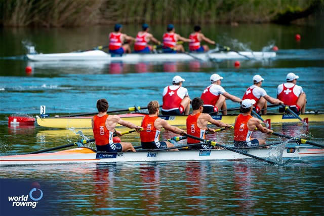 Guus Mollee (b), Nelson Ritsema, Eli Brouwer, Rik Rienks (s), Men's Four, Netherlands, 2024 World Rowing Cup II, Lucerne, Switzerland © World Rowing / Benedict Tufnell