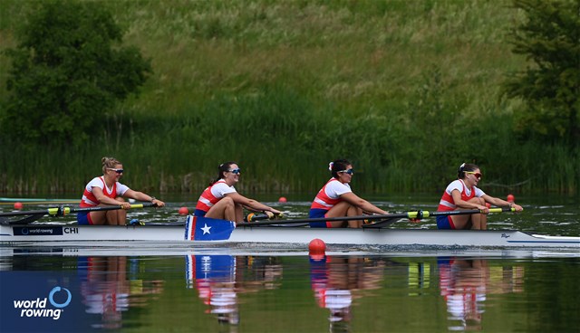 Victoria Hostetter Wells (b), Cristina Hostetter Wells, Antonia Pichott, Isidora Niemeyer (s), Women's Four, Chile, 2024 World Rowing Cup II, Lucerne, Switzerland © Maren Derlien / MyRowingPhoto.com