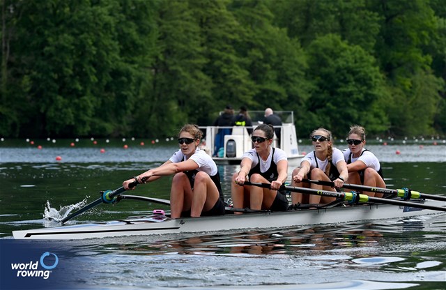 Jackie Gowler (b), Phoebe Spoors, Davina Waddy, Kerri Williams (s), Women's Four, New Zealand, 2024 World Rowing Cup II, Lucerne, Switzerland © Maren Derlien / MyRowingPhoto.com