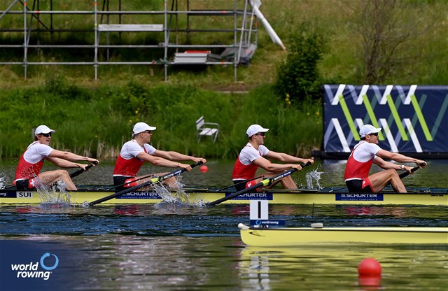 Joel Schuerch (b), Tim Roth, Patrick Brunner, Kai Schaetzle (s), Men's Four, Switzerland, 2024 World Rowing Cup II, Lucerne, Switzerland © Maren Derlien / MyRowingPhoto.com
