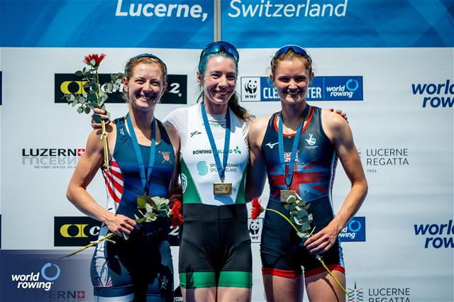 Siobhan Mccrohan, Lightweight Women's Single Sculls, Ireland, Gold, Sophia Luwis, United States of America, Silver, Olivia Bates, Great Britain, Bronze, 2024 World Rowing Cup II, Lucerne, Switzerland © World Rowing / Benedict Tufnell