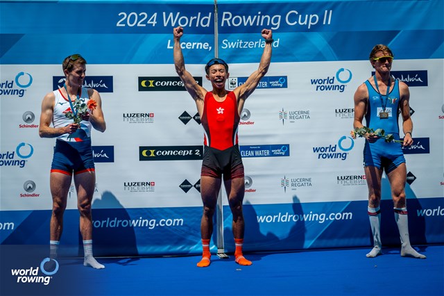 Hin Chun Chiu, Lightweight Men's Single Sculls, Hong Kong, China, Gold, Baptiste Savaete, France, Silver, Patrick Rocek, Italy, Bronze, 2024 World Rowing Cup II, Lucerne, Switzerland © World Rowing / Benedict Tufnell