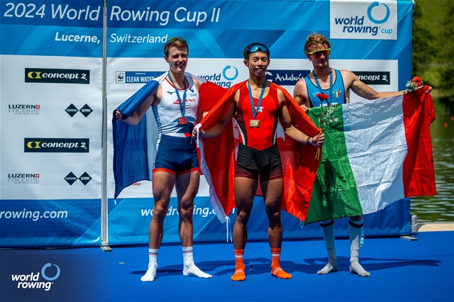 Hin Chun Chiu, Lightweight Men's Single Sculls, Hong Kong, China, Gold, Baptiste Savaete, France, Silver, Patrick Rocek, Italy, Bronze, 2024 World Rowing Cup II, Lucerne, Switzerland © World Rowing / Benedict Tufnell