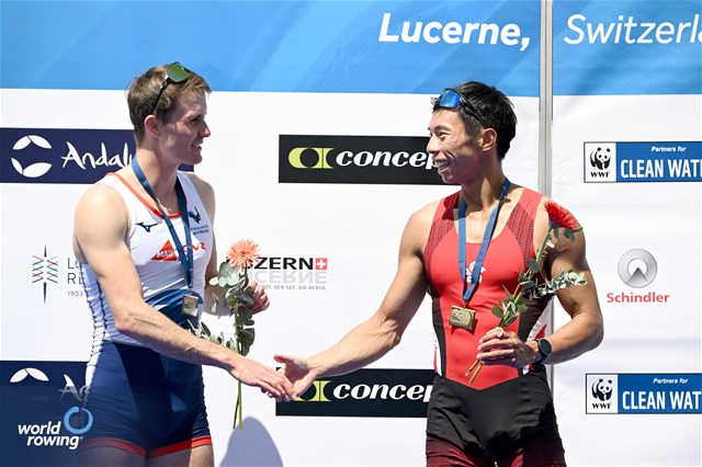 Hin Chun Chiu, Lightweight Men's Single Sculls, Hong Kong, China, Gold, Baptiste Savaete, France, Silver, 2024 World Rowing Cup II, Lucerne, Switzerland © Detlev Seyb / MyRowingPhoto.com