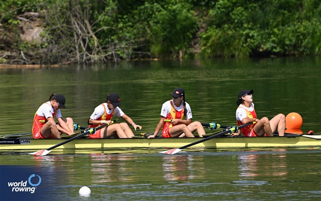 Shuxian Zhang (b), Xiaoxin Liu, Zifeng Wang, Xingye Xu (s), Women's Four, People's Republic of China, 2024 World Rowing Cup II, Lucerne, Switzerland © Detlev Seyb / MyRowingPhoto.com