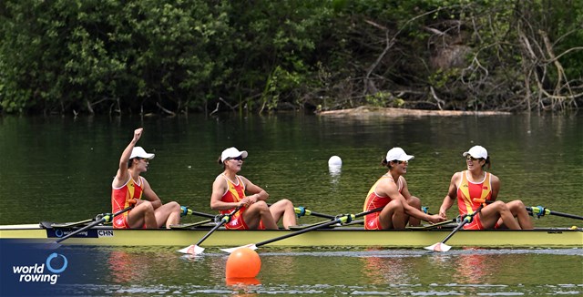 Yunxia Chen (b), Ling Zhang, Yang Lyu, Xiaotong Cui (s), Women's Quadruple Sculls, People's Republic of China, 2024 World Rowing Cup II, Lucerne, Switzerland © Detlev Seyb / MyRowingPhoto.com