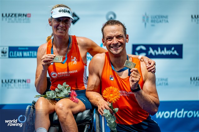 Esther Van Der Loos (b), Cornelis De Koning (s), PR2 Mixed Double Sculls, Netherlands, Bronze, 2024 World Rowing Cup II, Lucerne, Switzerland © World Rowing / Benedict Tufnell