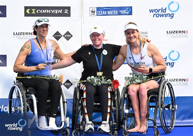 Manuela Diening, PR1 Womens Single Sculls, Germany, Gold, Moran Samuel, Israel, Silver, Birgit Skarstein, Norway, Bronze, 2024 World Rowing Cup II, Lucerne, Switzerland © Detlev Seyb / MyRowingPhoto.com
