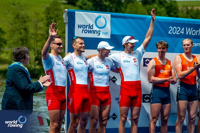 Dominik Czaja (b), Mateusz Biskup, Miroslaw Zietarski, Fabian Baranski (s), Men's Quadruple Sculls, Poland, Silver, 2024 World Rowing Cup II, Lucerne, Switzerland © World Rowing / Benedict Tufnell