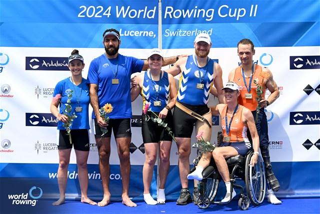 Anna Aisanova (b), Iaroslav Koiuda (s), PR2 Mixed Double Sculls, Ukraine, Gold, Shahar Milfelder (b), Saleh Shahin (s), Israel, Silver, Esther Van Der Loos (b), Cornelis De Koning (s), Netherlands, Bronze, 2024 World Rowing Cup II, Lucerne, Switzerland © Detlev Seyb / MyRowingPhoto.com