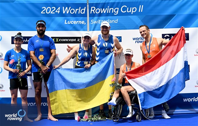Anna Aisanova (b), Iaroslav Koiuda (s), PR2 Mixed Double Sculls, Ukraine, Gold, Shahar Milfelder (b), Saleh Shahin (s), Israel, Silver, Esther Van Der Loos (b), Cornelis De Koning (s), Netherlands, Bronze, 2024 World Rowing Cup II, Lucerne, Switzerland © Detlev Seyb / MyRowingPhoto.com