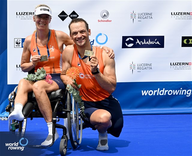 Esther Van Der Loos (b), Cornelis De Koning (s), PR2 Mixed Double Sculls, Netherlands, Bronze, 2024 World Rowing Cup II, Lucerne, Switzerland © Detlev Seyb / MyRowingPhoto.com
