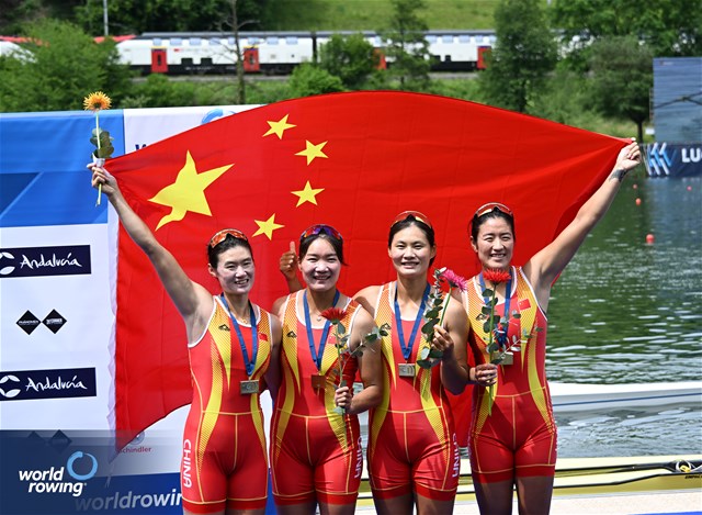 Yunxia Chen (b), Ling Zhang, Yang Lyu, Xiaotong Cui (s), Women's Quadruple Sculls, People's Republic of China, Bronze, 2024 World Rowing Cup II, Lucerne, Switzerland © Detlev Seyb / MyRowingPhoto.com
