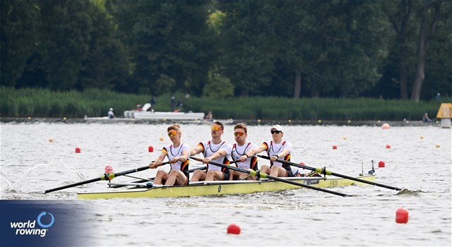 Susanne Lackner (b), Valentin Luz, Marc Lembeck, Kathrin Marchand (s), Inga Thoene (c), PR3 Mixed Coxed Four , Germany, 2024 World Rowing Cup III, Poznan, Poland © Maren Derlien / MyRowingPhoto.com