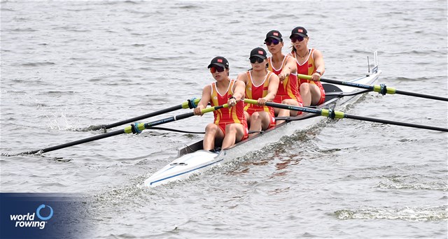 Xueying Guo (b), Siyi Wei, Yuehan Kong, Guoru Liang (s), Women's Four, People's Republic of China, 2024 World Rowing Cup III, Poznan, Poland © Detlev Seyb / MyRowingPhoto.com