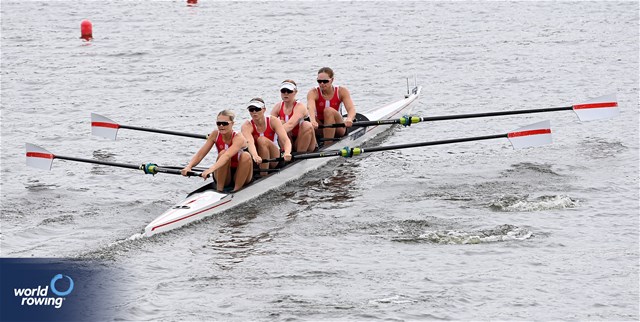 Astrid Steensberg (b), Frida Sanggaard Nielsen, Marie Skytte Hauberg Johannesen, Julie Poulsen (s), Women's Four, Denmark, 2024 World Rowing Cup III, Poznan, Poland © Detlev Seyb / MyRowingPhoto.com