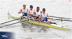 Lucas Fauche (b), Gregoire Charles, Awen Thomas, Louis Descot - Vigouroux (s), Men's Four, France, 2024 World Rowing Cup III, Poznan, Poland © Detlev Seyb / MyRowingPhoto.com