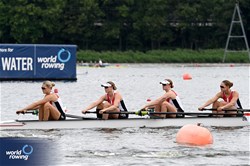 Astrid Steensberg (b), Frida Sanggaard Nielsen, Marie Skytte Hauberg Johannesen, Julie Poulsen (s), Women's Four, Denmark, 2024 World Rowing Cup III, Poznan, Poland © Maren Derlien / MyRowingPhoto.com