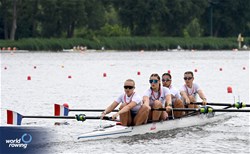 Maelys Dournaux (b), Hezekia Peron, Leontine Fouquet, Jeanne Sellier (s), Women's Four, France, 2024 World Rowing Cup III, Poznan, Poland © Maren Derlien / MyRowingPhoto.com