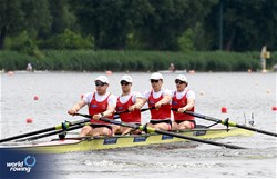 Joel Schuerch (b), Tim Roth, Patrick Brunner, Kai Schaetzle (s), Men's Four, Switzerland, 2024 World Rowing Cup III, Poznan, Poland © Maren Derlien / MyRowingPhoto.com