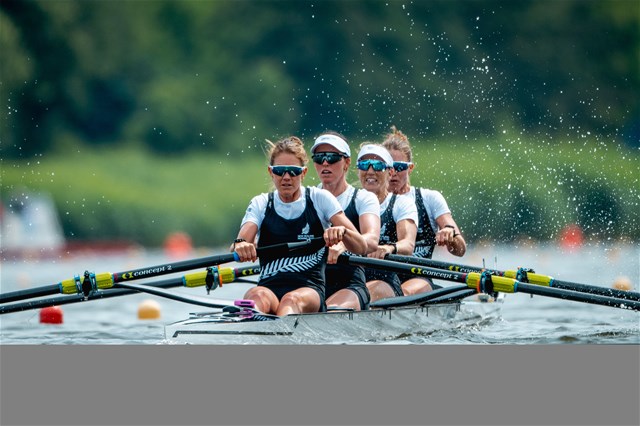 Jackie Gowler (b), Phoebe Spoors, Davina Waddy, Kerri Williams (s), Women's Four, New Zealand, 2024 World Rowing Cup III, Poznan, Poland © World Rowing / Benedict Tufnell