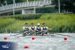 Ollie Fitzroy Maclean (b), Logan Ullrich, Tom Murray, Matt Macdonald (s), Men's Four, New Zealand, 2024 World Rowing Cup III, Poznan, Poland © World Rowing / Benedict Tufnell