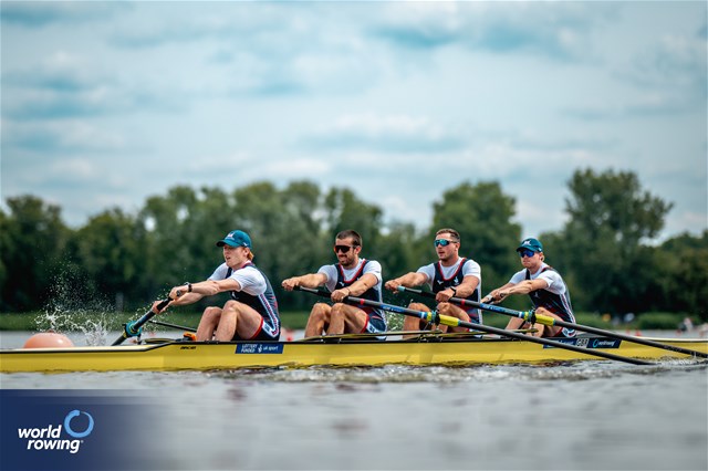 Matthew Rowe (b), Samuel Bannister, Daniel Graham, Douwe De Graaf (s), Men's Four, Great Britain, 2024 World Rowing Cup III, Poznan, Poland © World Rowing / Benedict Tufnell