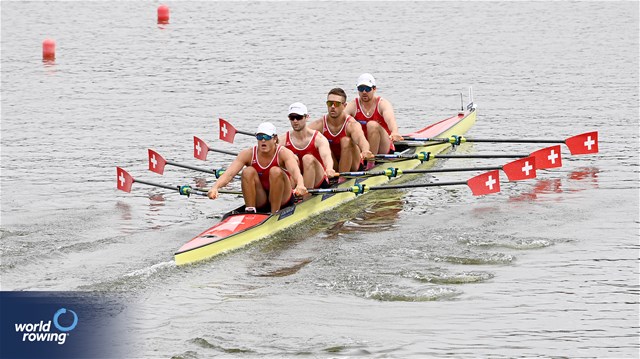 Dominic Condrau (b), Jan Jonah Plock, Scott Baerlocher, Maurin Lange (s), Men's Quadruple Sculls, Switzerland, 2024 World Rowing Cup III, Poznan, Poland © Detlev Seyb / MyRowingPhoto.com