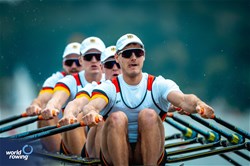 Paul Berghoff (b), Alexander Finger, Felix Heinrich, Paul Krueger (s), Men's Quadruple Sculls, Germany, 2024 World Rowing Cup III, Poznan, Poland © World Rowing / Benedict Tufnell