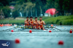 Xiaolong Mu (b), Zhiwei Deng, Baishun Liu, Quan Zhang (s), Men's Quadruple Sculls, People's Republic of China, 2024 World Rowing Cup III, Poznan, Poland © World Rowing / Benedict Tufnell