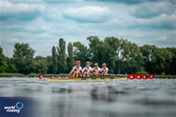 Fabienne Schweizer (b), Celia Dupre, Pascale Walker, Lisa Loetscher (s), Women's Quadruple Sculls, Switzerland, 2024 World Rowing Cup III, Poznan, Poland © World Rowing / Benedict Tufnell