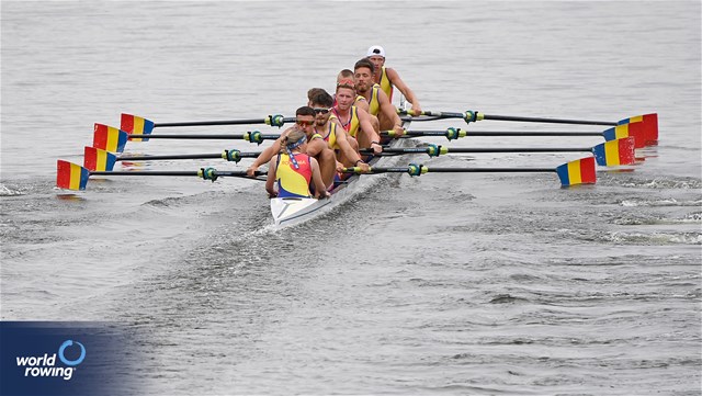 Constantin Emanuele Sterea (b), Ionut Pavel, Costi-Daniel Neagoe, Andrei Hemen, Andrei-Vlad-Robert Vatamaniuc, Sergiu Anfimov, Cosmin Iulian Plesescu, Marian Stefan Dunca (s), Maria-Antonia Iancu (c), Men's Eight, Romania, 2024 World Rowing Cup III, Poznan, Poland © Detlev Seyb / MyRowingPhoto.com