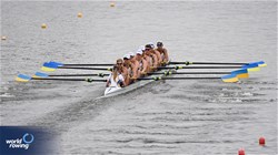 Mykhailo Deineko (b), Oleksandr Luheria, Illia Bondarenko, Maksym Bereza, Danylo Yakobchuk, Bohdan Yakobchuk, Maksym Semenov, Yevhen Burym (s), Daryna Kalashnikova (c), Men's Eight, Ukraine, 2024 World Rowing Cup III, Poznan, Poland © Detlev Seyb / MyRowingPhoto.com