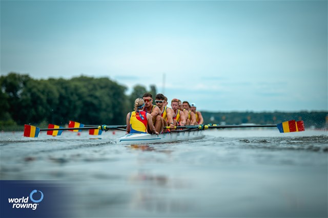 Constantin Emanuele Sterea (b), Ionut Pavel, Costi-Daniel Neagoe, Andrei Hemen, Andrei-Vlad-Robert Vatamaniuc, Sergiu Anfimov, Cosmin Iulian Plesescu, Marian Stefan Dunca (s), Maria-Antonia Iancu (c), Men's Eight, Romania, 2024 World Rowing Cup III, Poznan, Poland © World Rowing / Benedict Tufnell