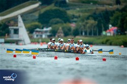 Maksym Boklazhenko (b), Mykola Mazur, Ivan Dovhodko, Olexandr Nadtoka, Dmytro Hula, Oleh Kravchenko, Sergii Gryn, Oleksii Selivanov (s), Anastasiia Kozyr (c), Men's Eight, Ukraine, 2024 World Rowing Cup III, Poznan, Poland © World Rowing / Benedict Tufnell